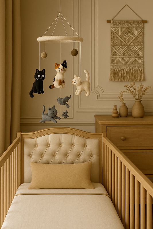 Stimulez l’imagination de votre enfant avec notre mobile Chat et Souris en feutre fait main. Artisanat doux et amusant pour la chambre de bébé.