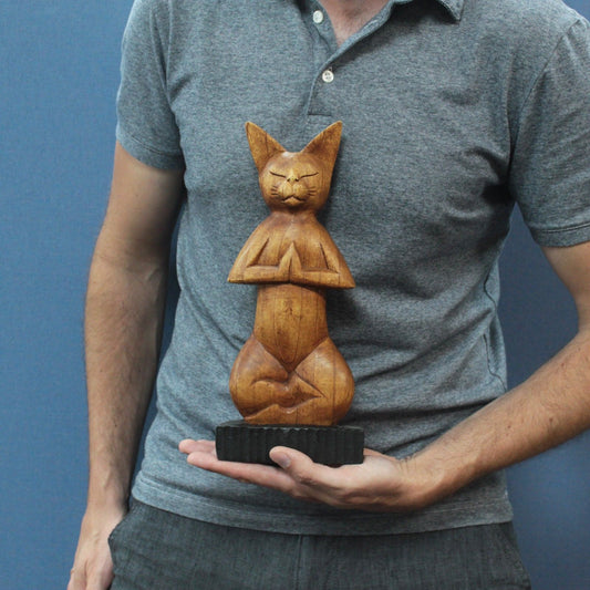 Handcarved Yoga Cat - Lotus