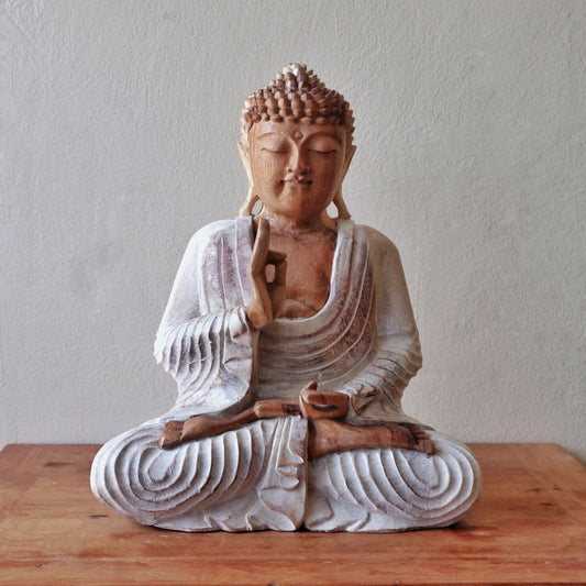 Hand Carved Buddha Statue - 30cm Teaching Transmission - Whitewash