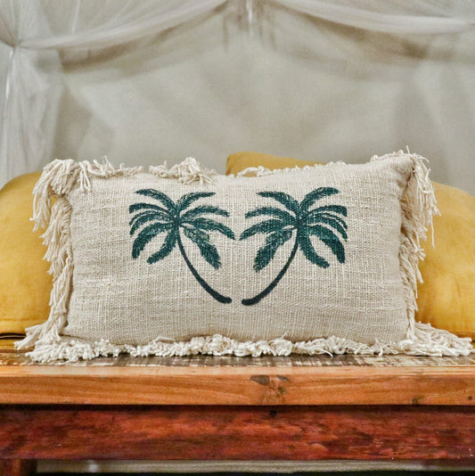 1x Linen Cushion 30x50cm Palm Tree with Fringe