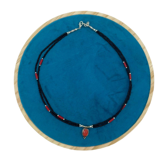 Nepalese Extra Fine Two Line Necklace - Black & Coral Pendant