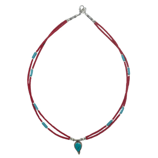 Nepalese Extra Fine Two Line Necklace - Pink & Turquoise Pendant