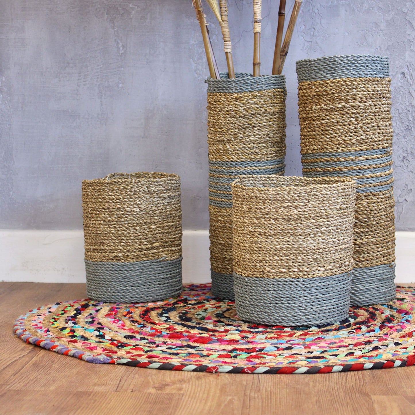 Seagrass & Abu-Abu Raffia Set - 2 Vase & 2 Bins