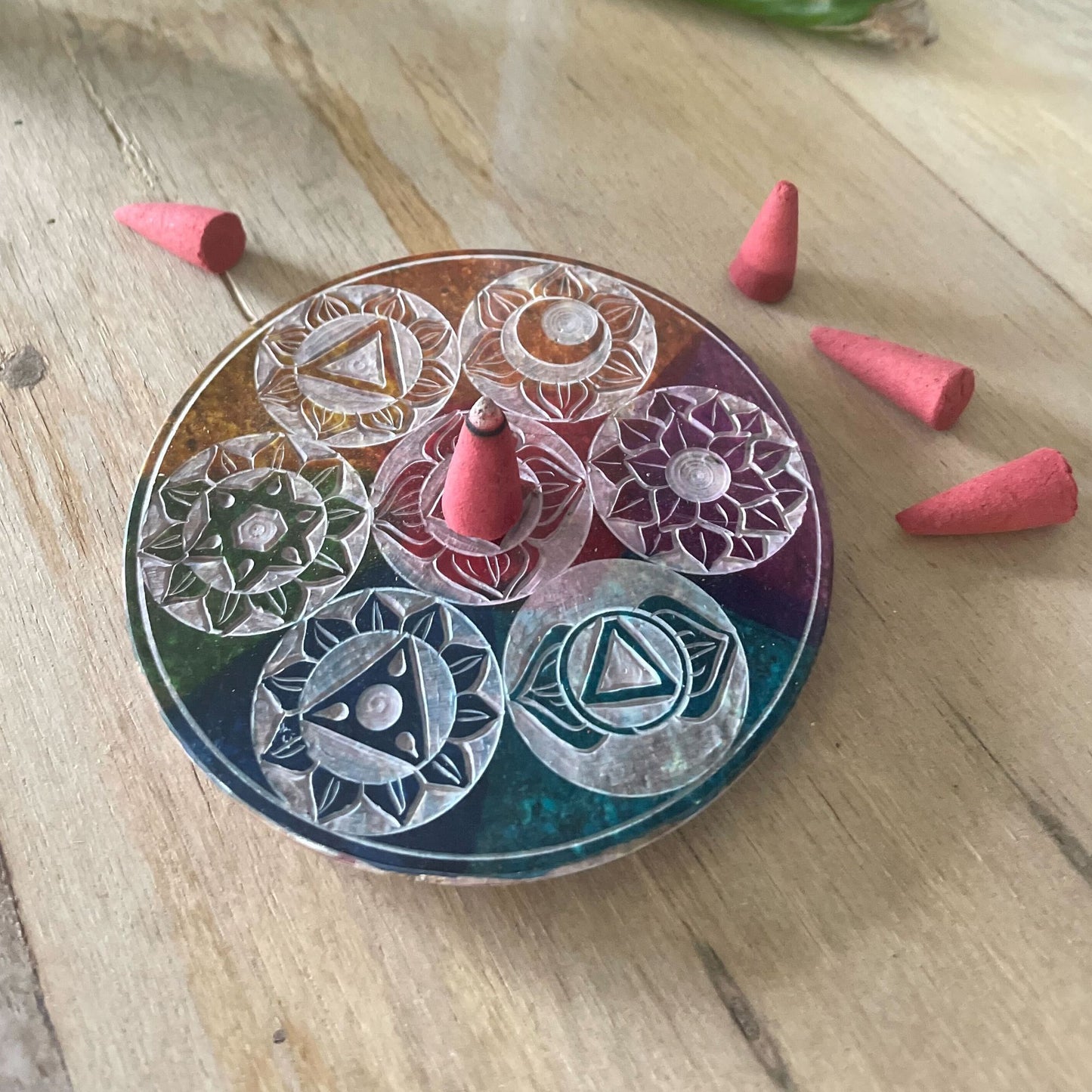 Soapstone Disc Incense Holder 10cm - Seven Chakra