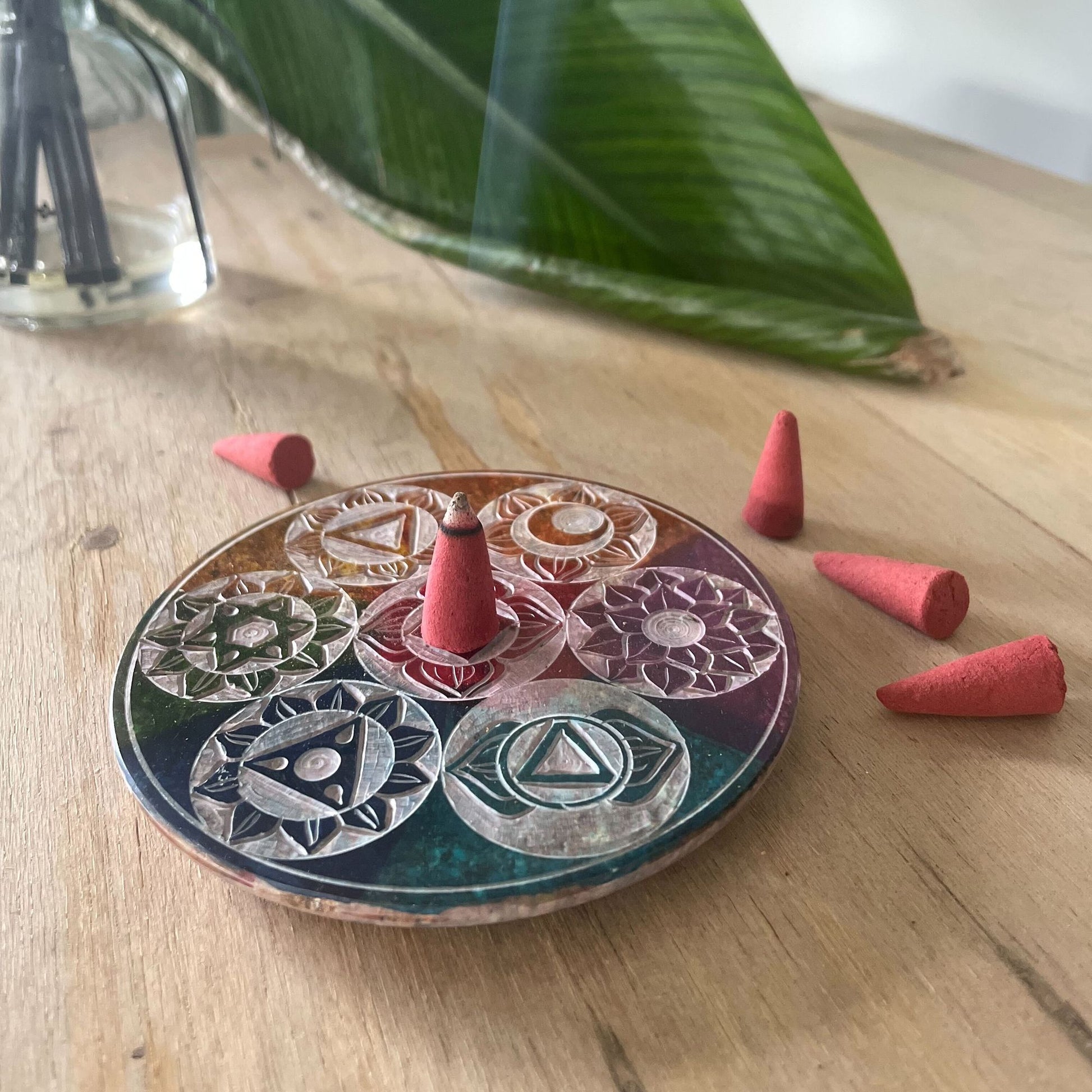 Soapstone Disc Incense Holder 10cm - Seven Chakra