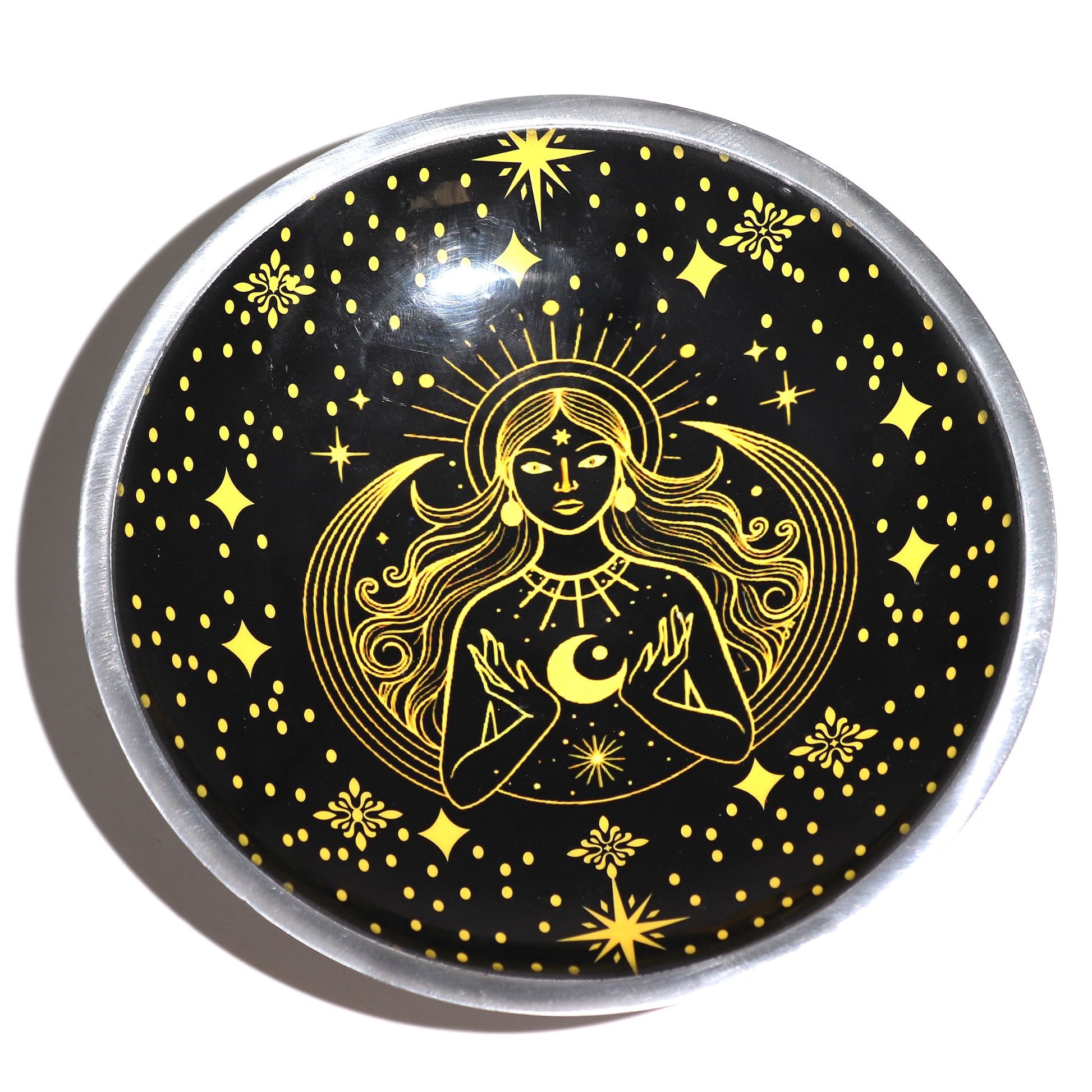 Triple Leg Enameled Offering Plate - Gold Goddess on Black