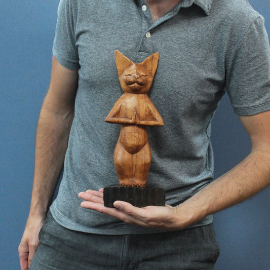 Handcarved Yoga Cat - Standing