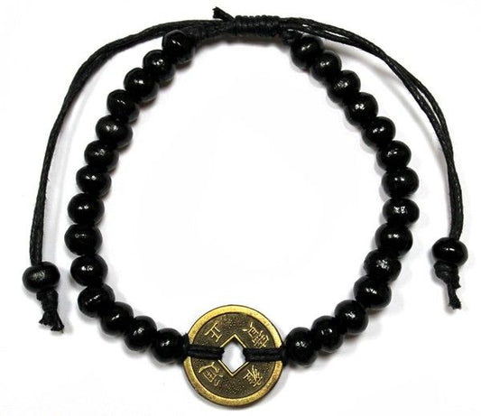 Bracelet Feng Shui Chance Noir | Perles Bois & Monnaie de Fortune | Élégant