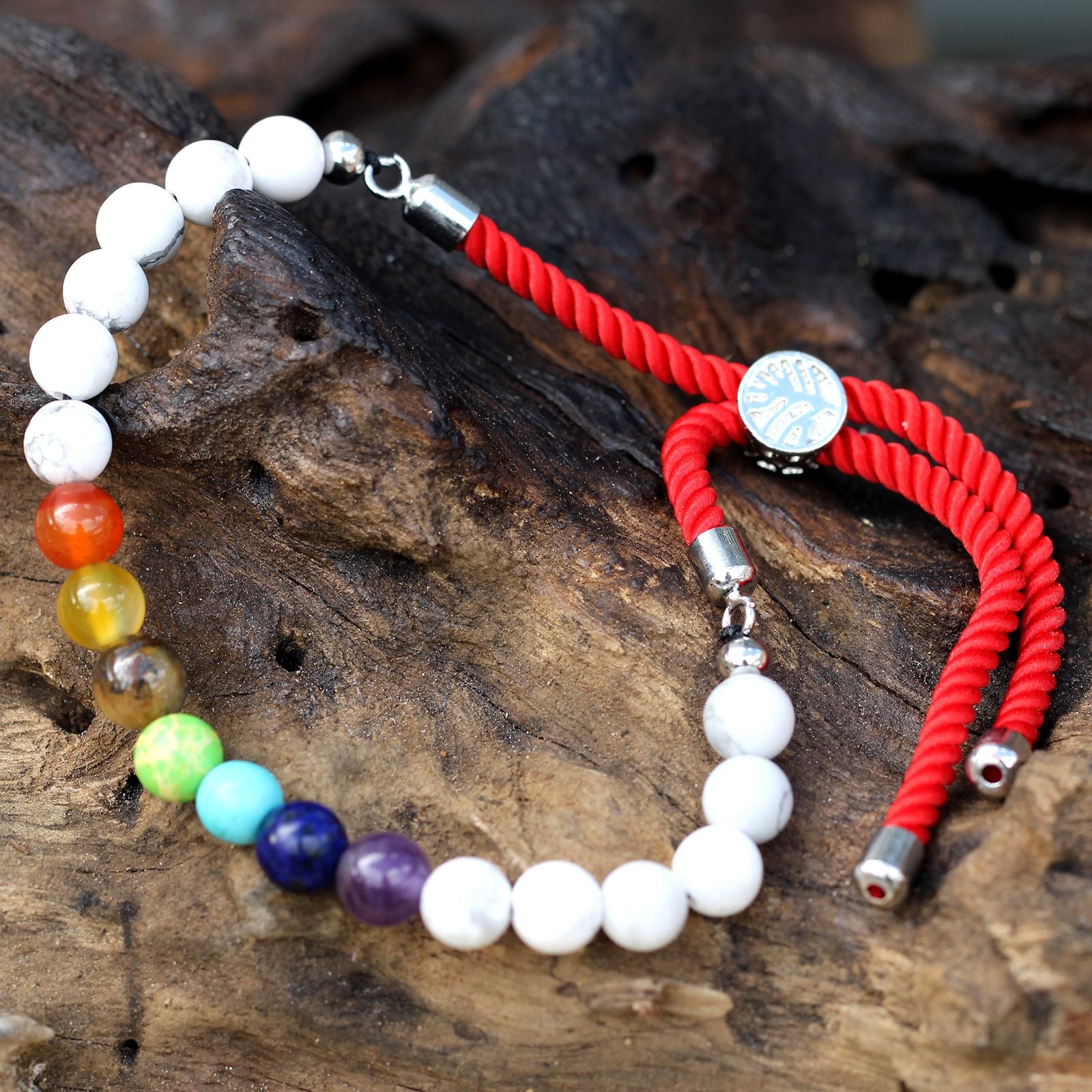 925 Silver Plated Gemstone Royal Red String Bracelet - White Howlite Chakra